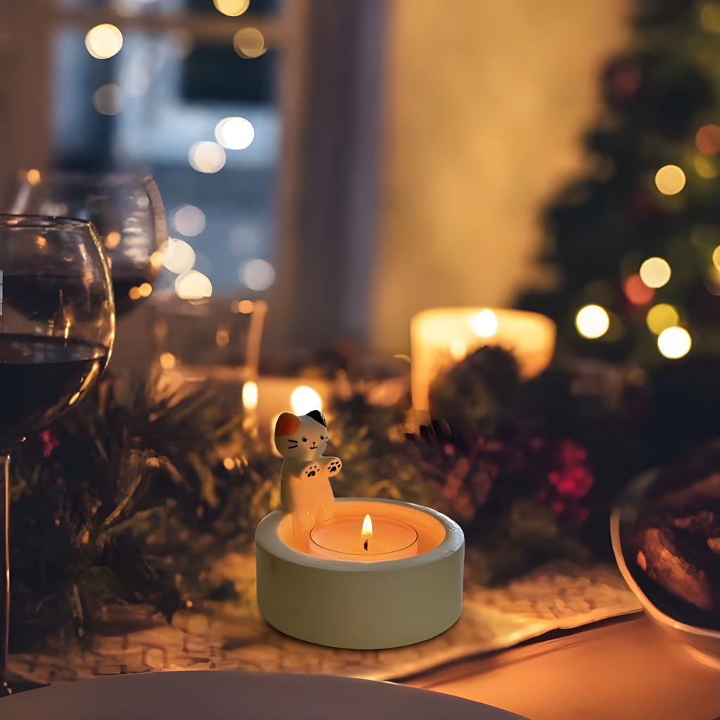 Portavelas de Gato Decorativo | Candelabro de Mesa de Resina para Hogar u Oficina