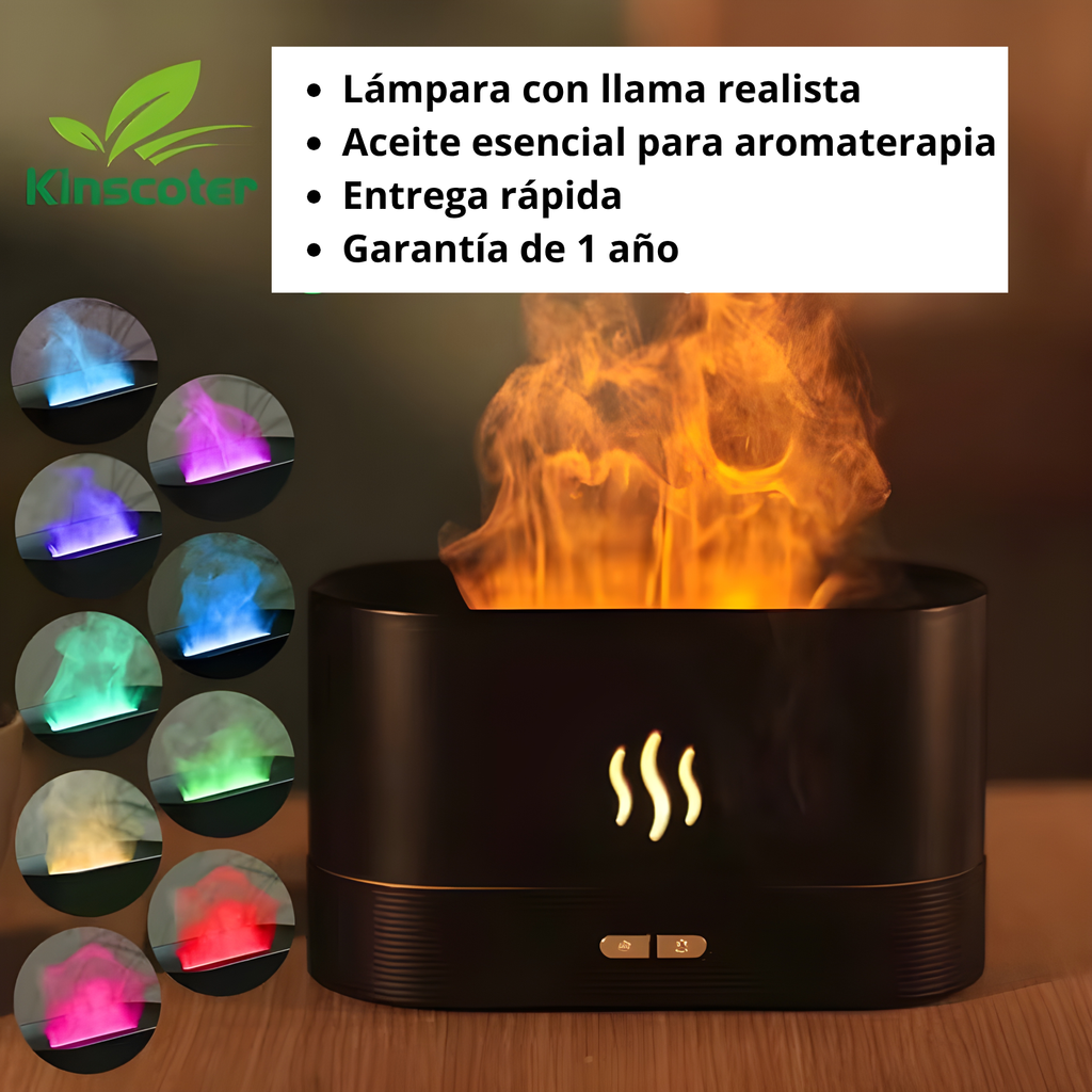 Lámpara Difusor de Aromas 3 en 1 | Humidificador Ultrasónico 180ml con Luz LED Efecto Fuego