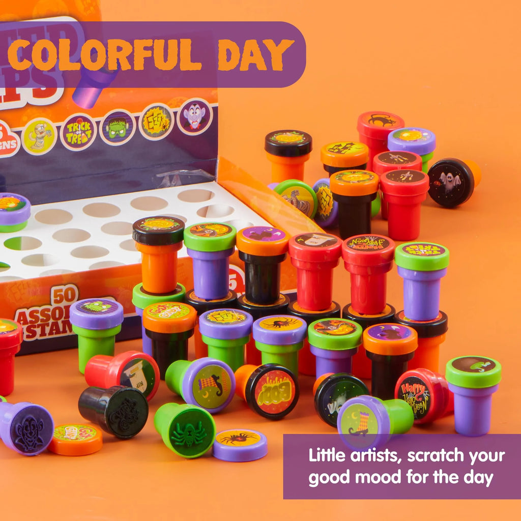 50 Pcs Halloween Assorted Stamps for Kids,Halloween Stampers Halloween Stuff Halloween Goodies Bags Prizes,Halloween Toys for Trick or Treaters Gift,Halloween Party Favor