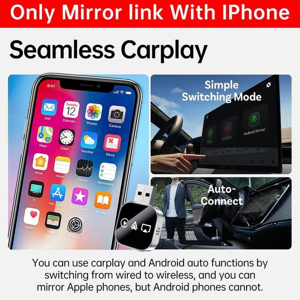 CarPlay Inalámbrico Plug & Play | Adaptador 3 en 1 con AirPlay y Mirror Link