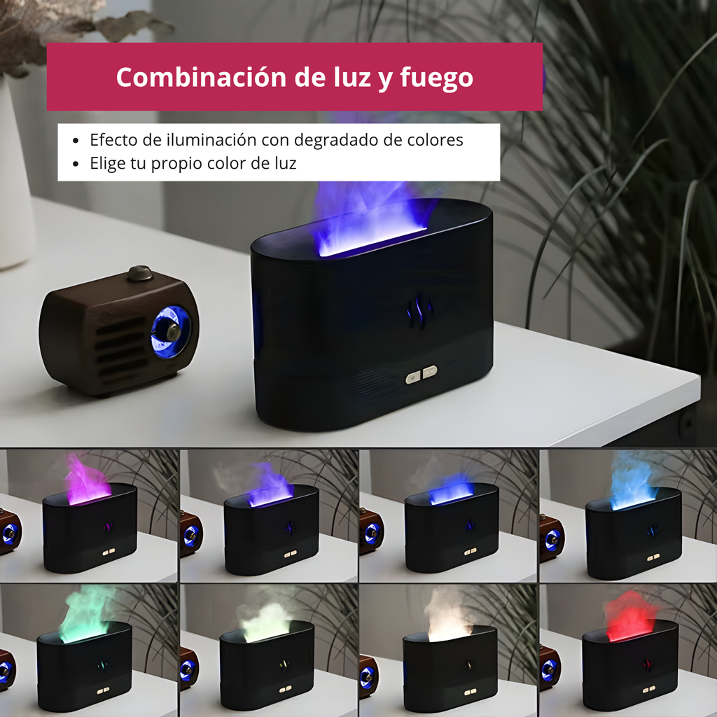 Lámpara Difusor de Aromas 3 en 1 | Humidificador Ultrasónico 180ml con Luz LED Efecto Fuego