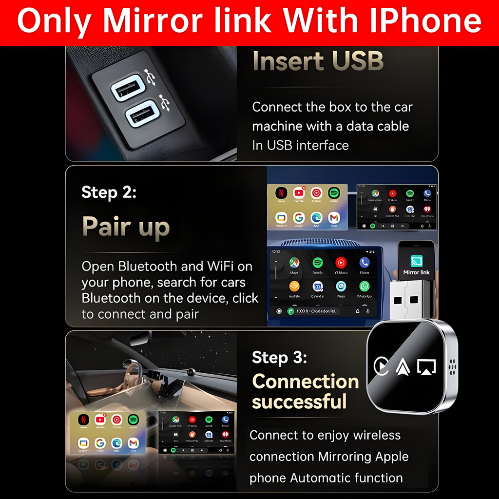 CarPlay Inalámbrico Plug & Play | Adaptador 3 en 1 con AirPlay y Mirror Link