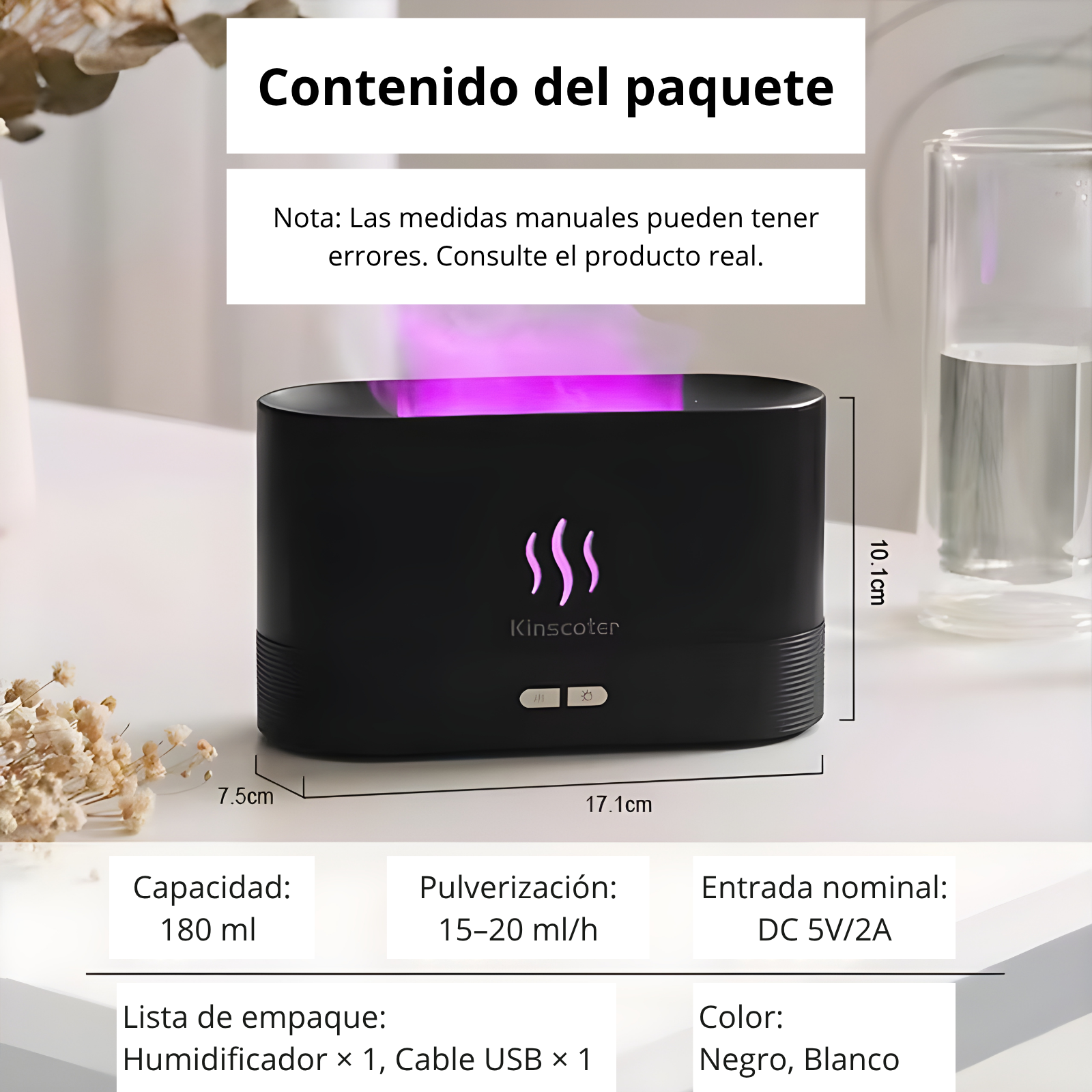 Lámpara Difusor de Aromas 3 en 1 | Humidificador Ultrasónico 180ml con Luz LED Efecto Fuego