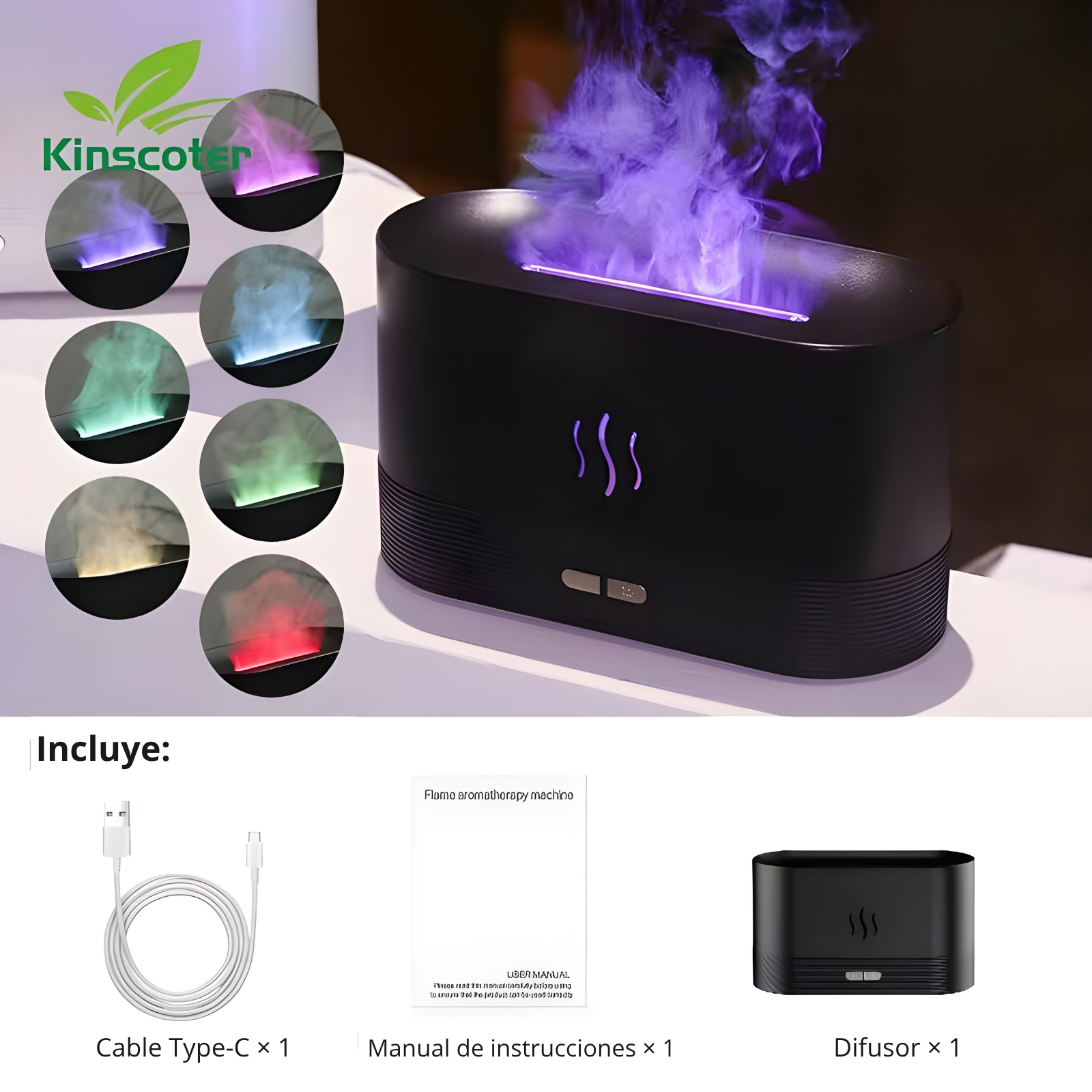 Lámpara Difusor de Aromas 3 en 1 | Humidificador Ultrasónico 180ml con Luz LED Efecto Fuego