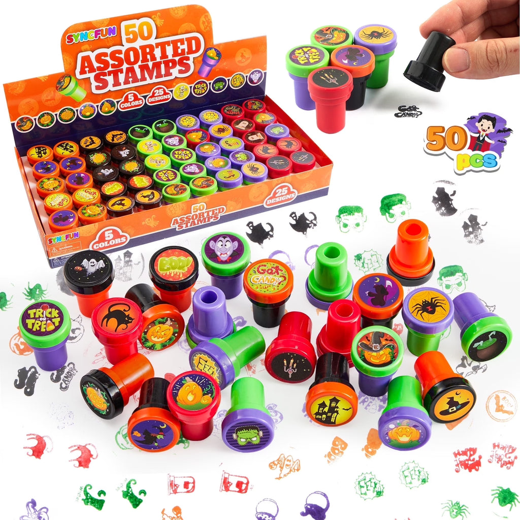 50 Pcs Halloween Assorted Stamps for Kids,Halloween Stampers Halloween Stuff Halloween Goodies Bags Prizes,Halloween Toys for Trick or Treaters Gift,Halloween Party Favor