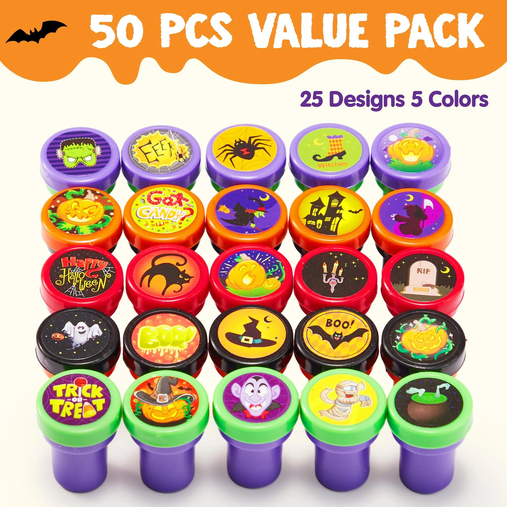 50 Pcs Halloween Assorted Stamps for Kids,Halloween Stampers Halloween Stuff Halloween Goodies Bags Prizes,Halloween Toys for Trick or Treaters Gift,Halloween Party Favor