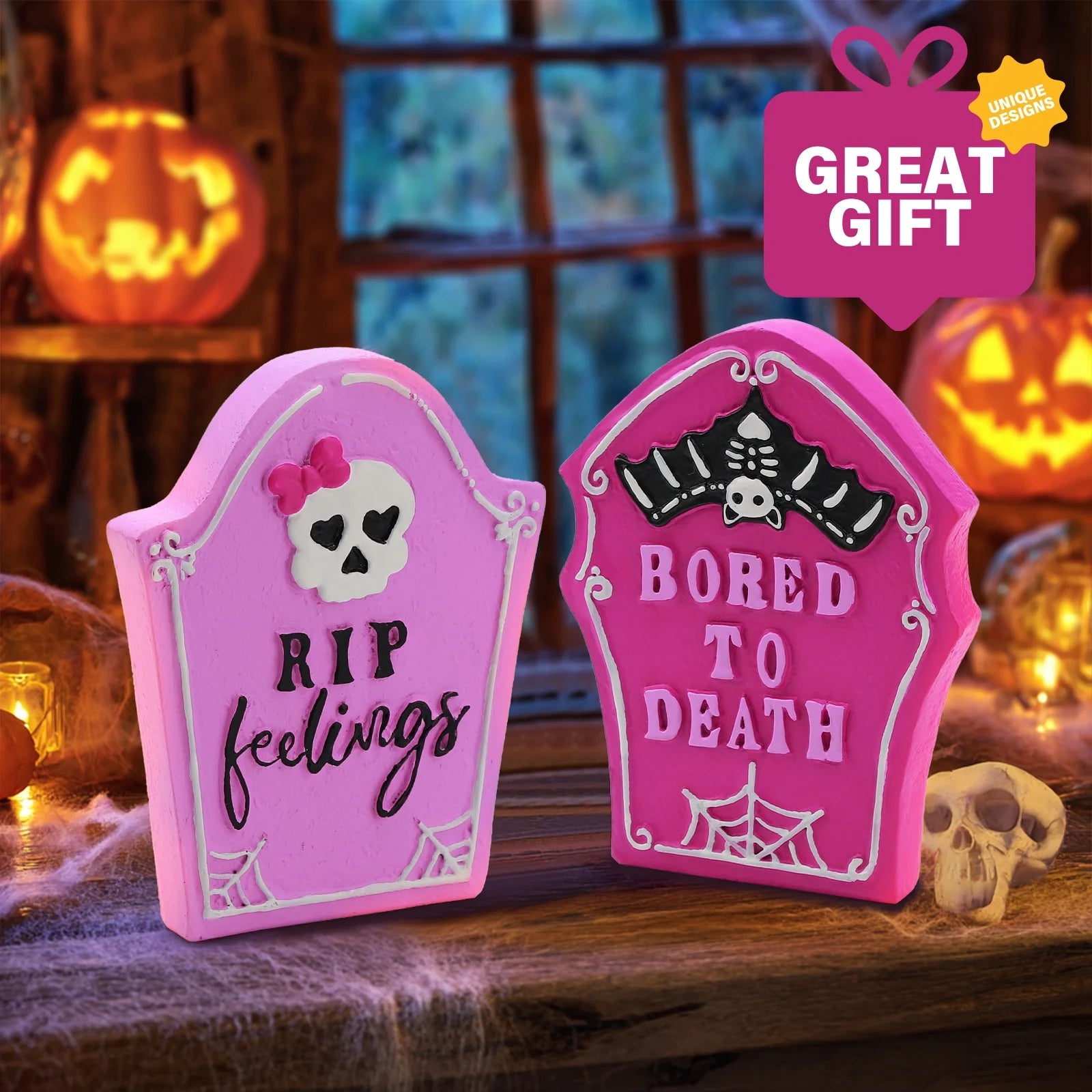 2Pcs Halloween Tombstones Decorations for Pink Halloween Decor, Halloween Decorations Indoor, Halloween Gift
